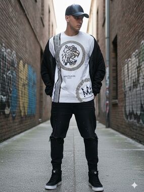 Montfleuri Paris White Graphic Short Sleeve Tee with Black and Gold Accents
